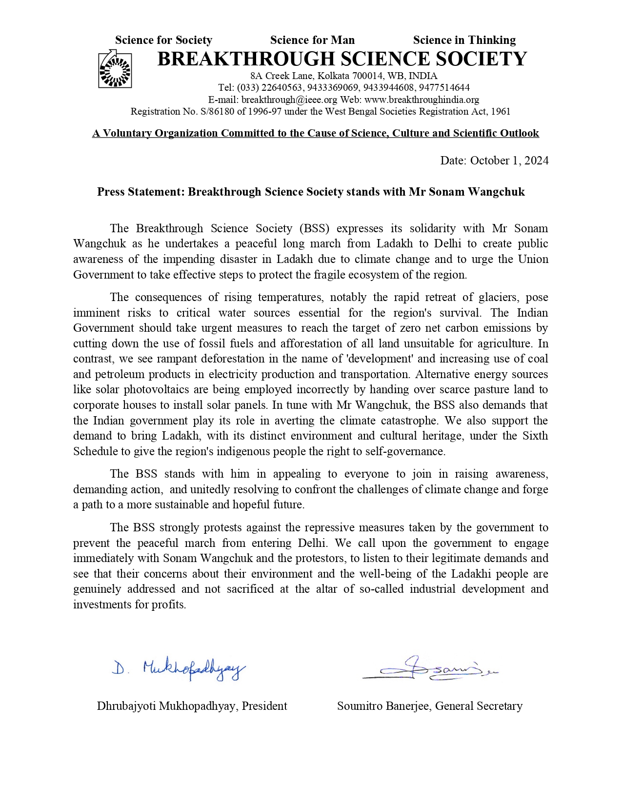 Press Statement: Breakthrough Science Society stands with Mr Sonam Wangchuk